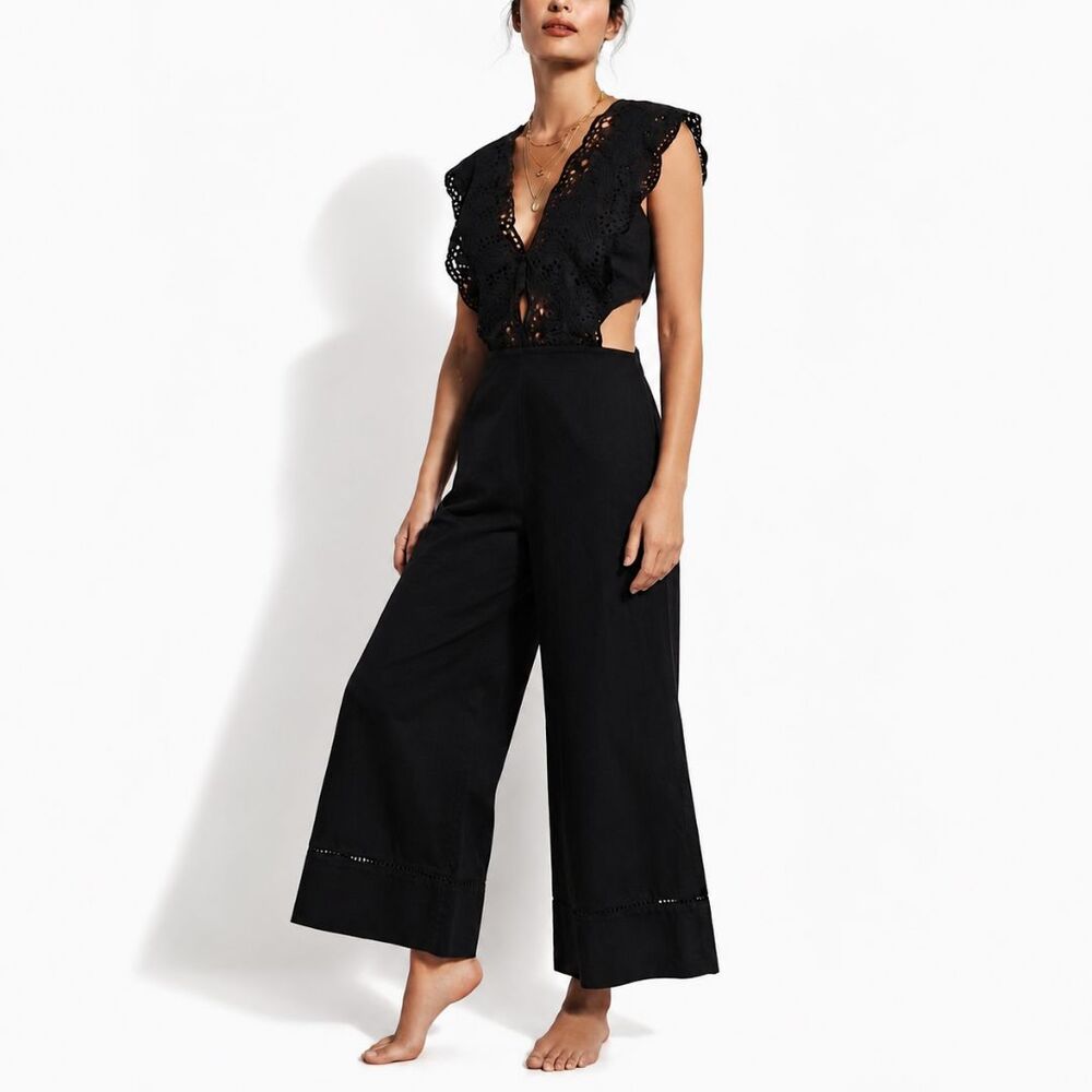 ASOS Black Lace Cutout Wide Leg Jumpsuit Romper V Neck 6 Minimalist Whimsigoth